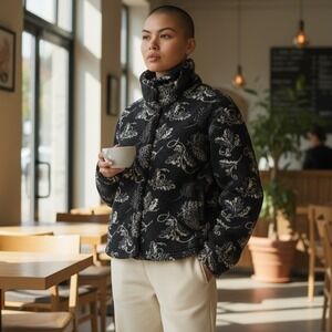 St Johns Bay Black Floral Print Fleece Button Up Jacket Women Medium